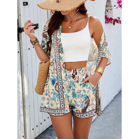 2 piece set: boho gypsy floral print open front kimono top & shorts